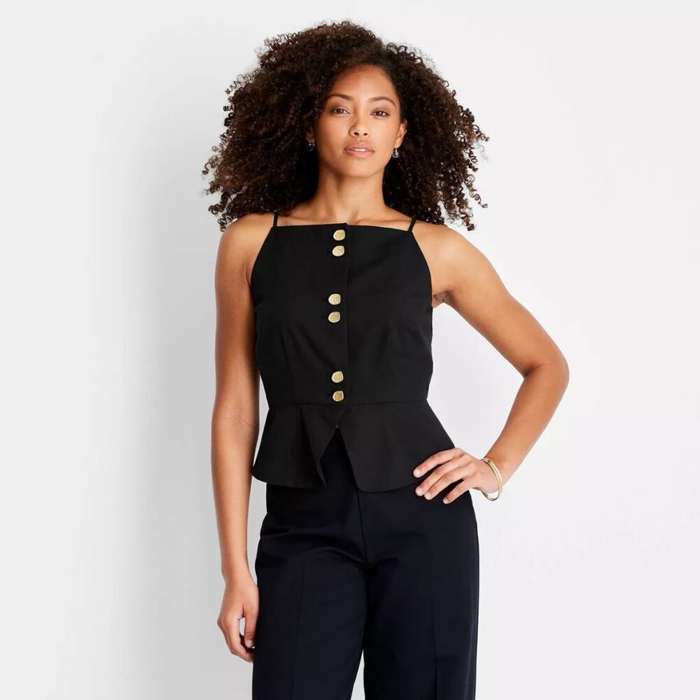 Future Collective Women's Button-Front Square Neck Peplum Sweater Size 2